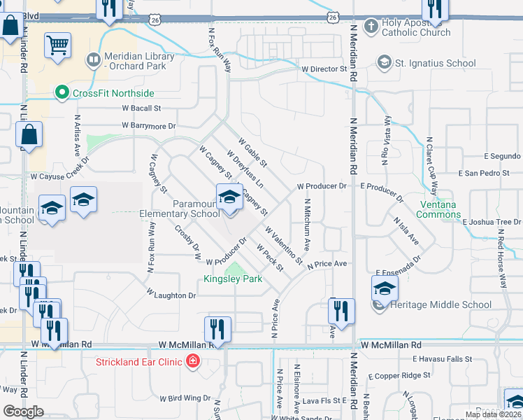 map of restaurants, bars, coffee shops, grocery stores, and more near 406 W Valentino Dr in Meridian
