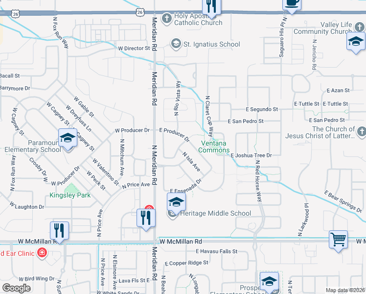 map of restaurants, bars, coffee shops, grocery stores, and more near 5451 North Isla Avenue in Meridian