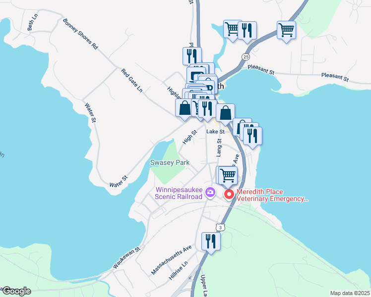 map of restaurants, bars, coffee shops, grocery stores, and more near 20 High Street in Meredith
