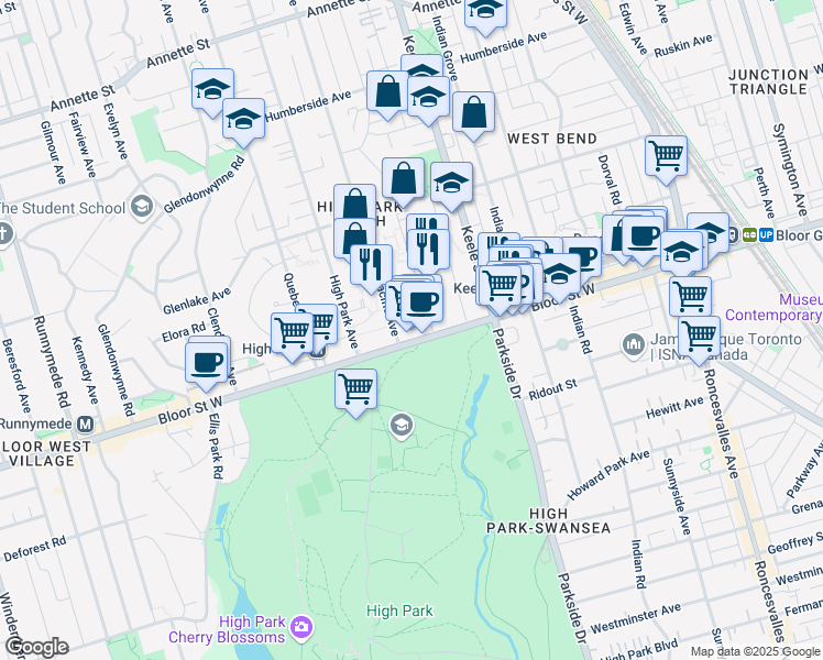 map of restaurants, bars, coffee shops, grocery stores, and more near 2 Oakmount Road in Toronto