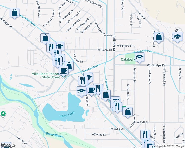 map of restaurants, bars, coffee shops, grocery stores, and more near 5115 West Mercurio Lane in Boise