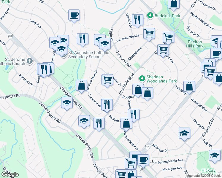 map of restaurants, bars, coffee shops, grocery stores, and more near 24 Ivy Lea Court in Brampton
