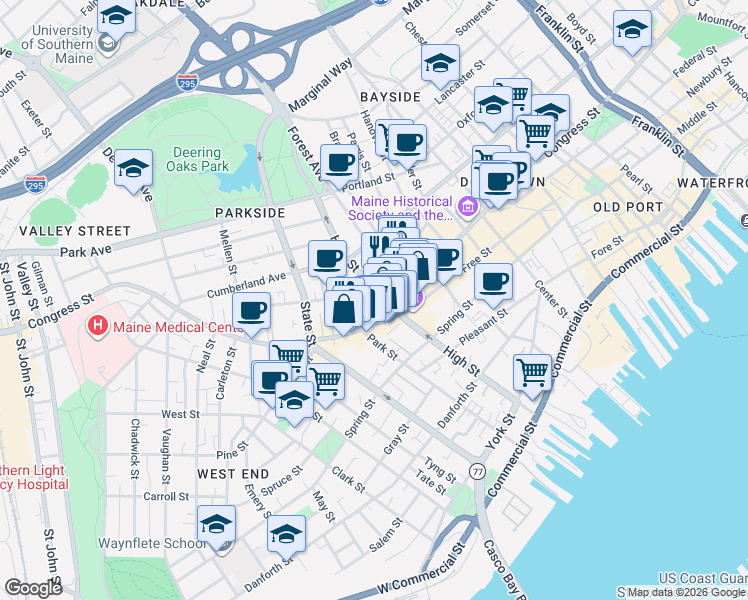 map of restaurants, bars, coffee shops, grocery stores, and more near 156 High Street in Portland