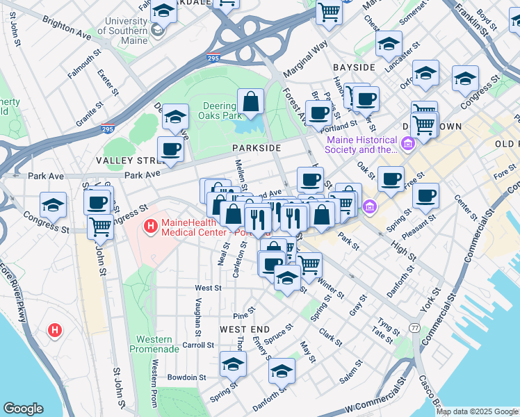 map of restaurants, bars, coffee shops, grocery stores, and more near 61 Deering Street in Portland