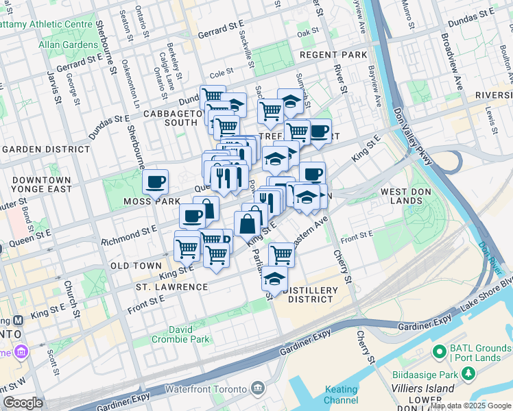 map of restaurants, bars, coffee shops, grocery stores, and more near 48 Power Street in Toronto