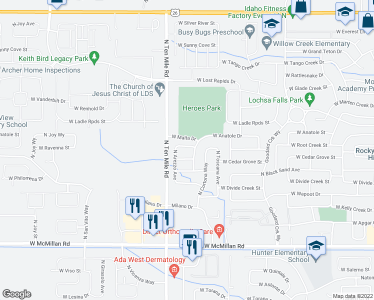 map of restaurants, bars, coffee shops, grocery stores, and more near 3067 West Ravenna Street in Meridian