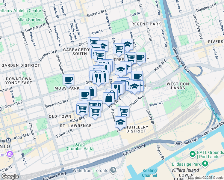 map of restaurants, bars, coffee shops, grocery stores, and more near 50 Power Street in Toronto