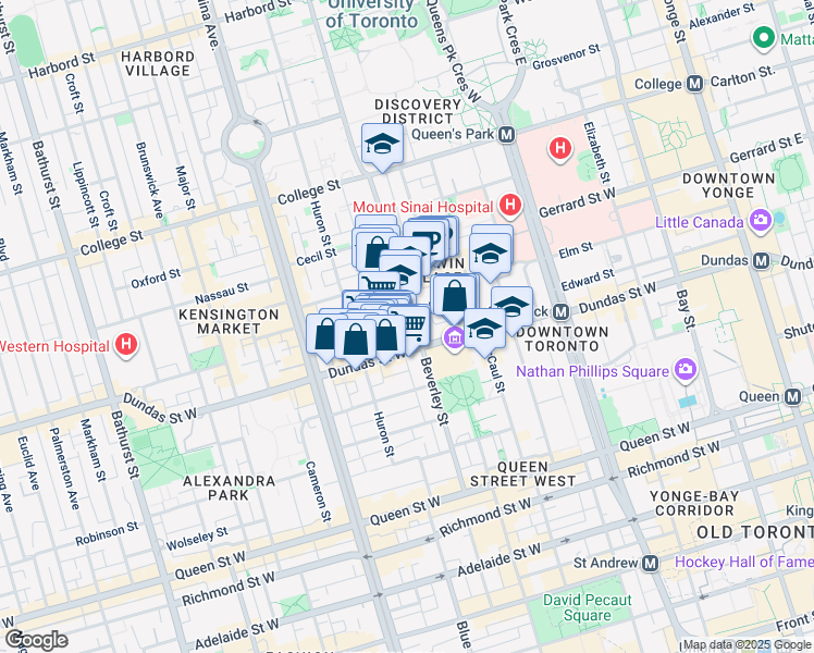 map of restaurants, bars, coffee shops, grocery stores, and more near 396 Dundas Street West in Toronto