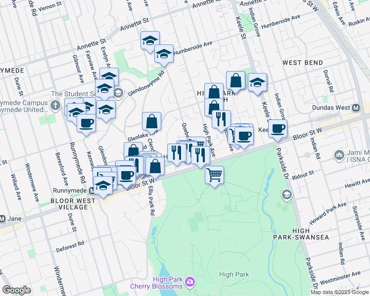 map of restaurants, bars, coffee shops, grocery stores, and more near 50 Quebec Avenue in Toronto