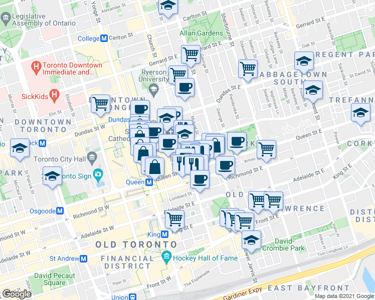 map of restaurants, bars, coffee shops, grocery stores, and more near 167 Church Street in Toronto