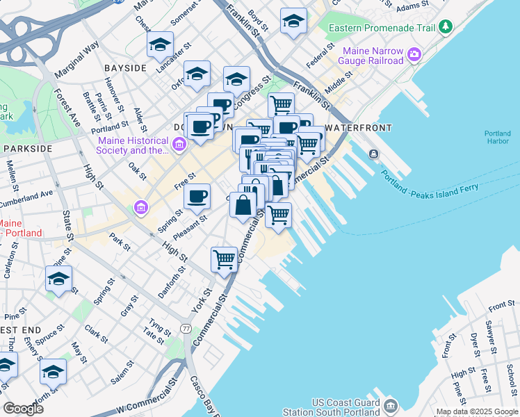 map of restaurants, bars, coffee shops, grocery stores, and more near 271 Commercial Street in Portland