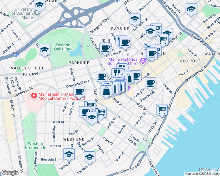 map of restaurants, bars, coffee shops, grocery stores, and more near 156 High Street in Portland