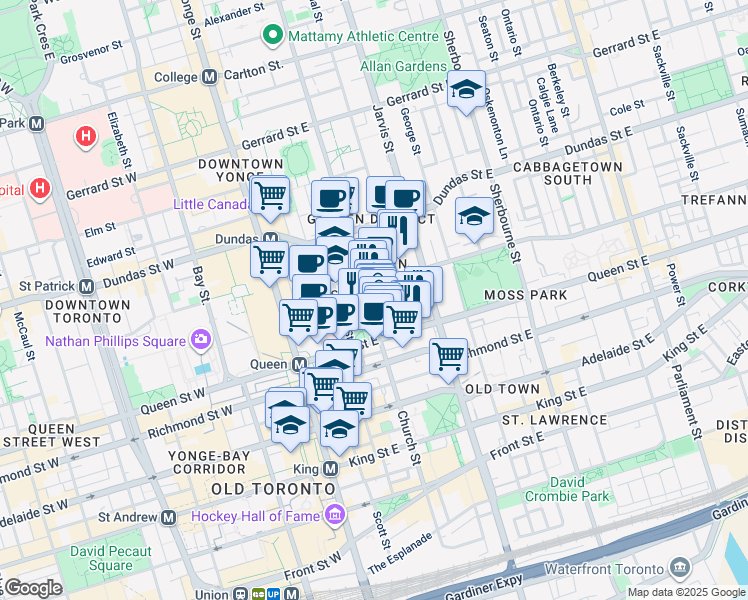 map of restaurants, bars, coffee shops, grocery stores, and more near in Toronto