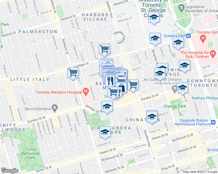 map of restaurants, bars, coffee shops, grocery stores, and more near 241 Augusta Avenue in Toronto
