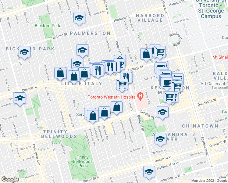 map of restaurants, bars, coffee shops, grocery stores, and more near 264 Palmerston Avenue in Toronto