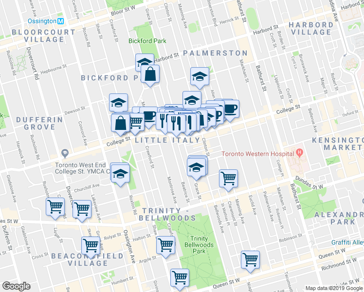 map of restaurants, bars, coffee shops, grocery stores, and more near 660 College Street in Toronto