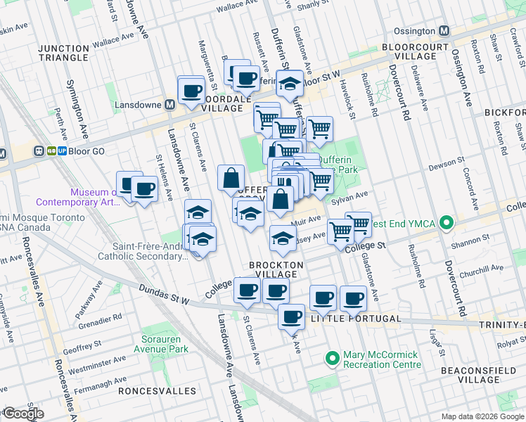 map of restaurants, bars, coffee shops, grocery stores, and more near in Toronto