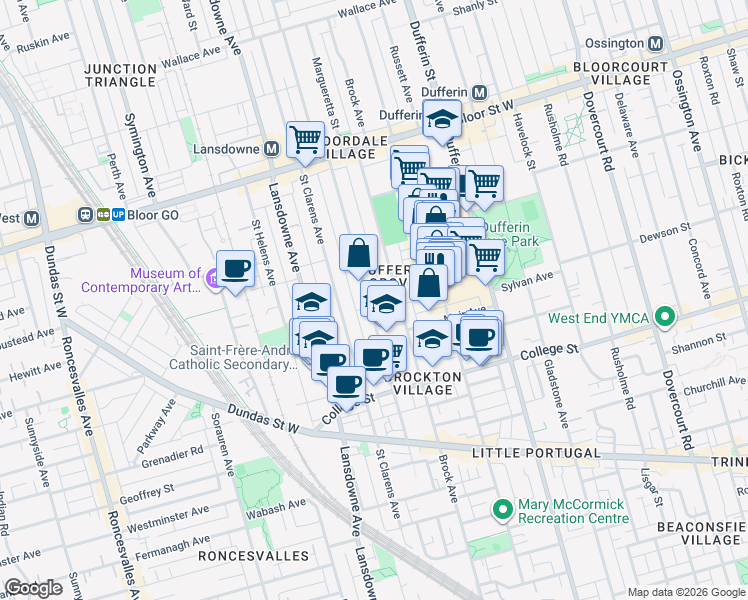 map of restaurants, bars, coffee shops, grocery stores, and more near 161 Margueretta Street in Toronto