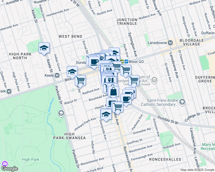 map of restaurants, bars, coffee shops, grocery stores, and more near in Toronto