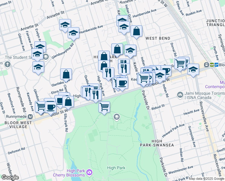 map of restaurants, bars, coffee shops, grocery stores, and more near 38 Pacific Avenue in Toronto