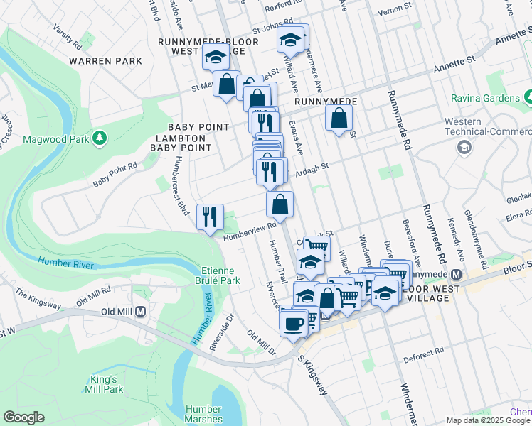 map of restaurants, bars, coffee shops, grocery stores, and more near in Toronto