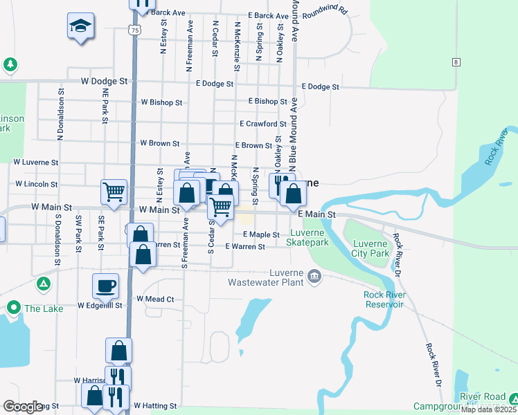 map of restaurants, bars, coffee shops, grocery stores, and more near 321 East Main Street in Luverne