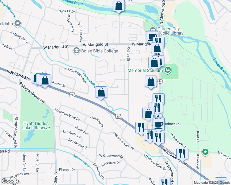 map of restaurants, bars, coffee shops, grocery stores, and more near 8336 Willowdale Drive in Boise