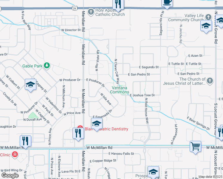map of restaurants, bars, coffee shops, grocery stores, and more near 5443 North Claret Cup Way in Meridian