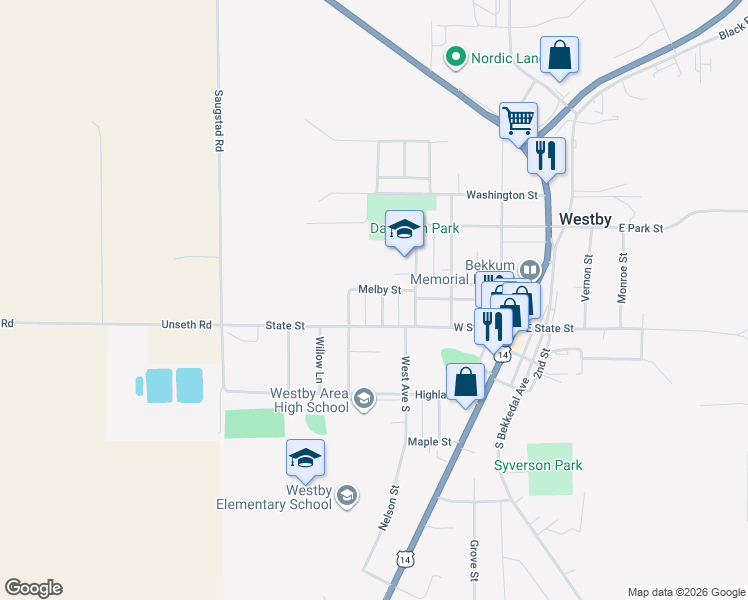 map of restaurants, bars, coffee shops, grocery stores, and more near 503 Melby Street in Westby