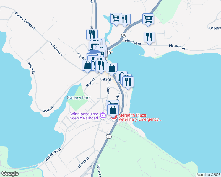 map of restaurants, bars, coffee shops, grocery stores, and more near 20 Lang Street in Meredith