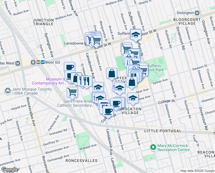map of restaurants, bars, coffee shops, grocery stores, and more near 293 Saint Clarens Avenue in Toronto