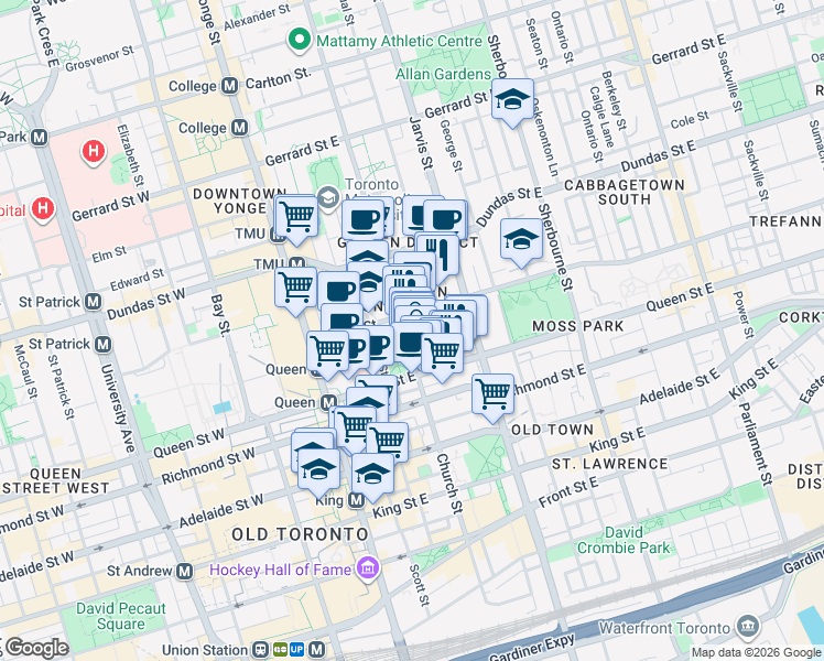 map of restaurants, bars, coffee shops, grocery stores, and more near 167 Church Street in Toronto