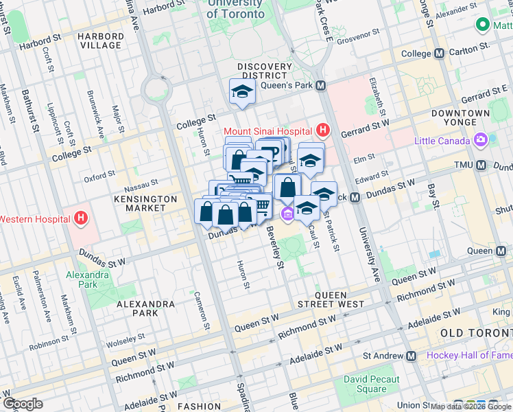 map of restaurants, bars, coffee shops, grocery stores, and more near 150 Beverley Street in Toronto