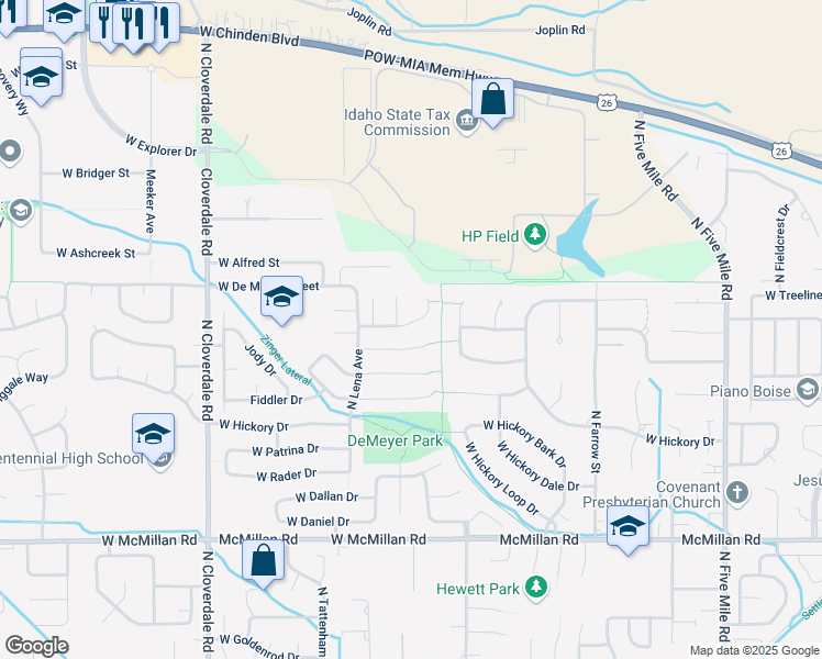 map of restaurants, bars, coffee shops, grocery stores, and more near 11575 West Jenilyn Court in Boise