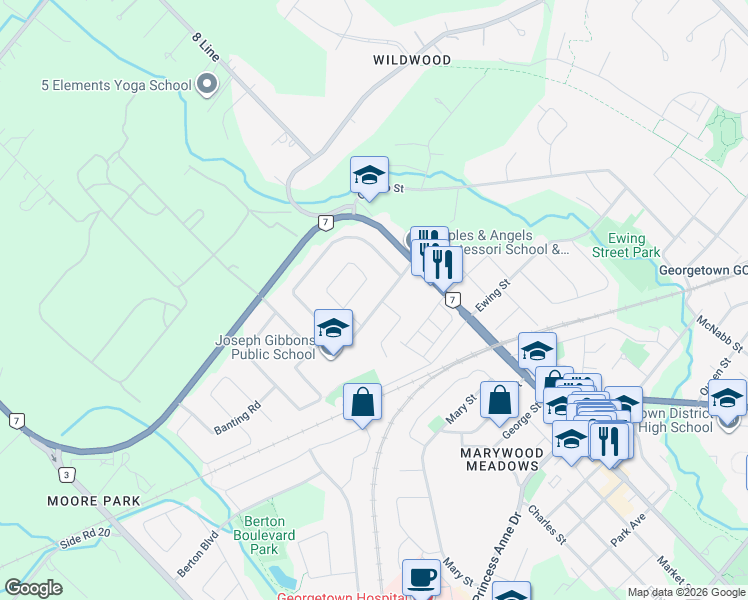 map of restaurants, bars, coffee shops, grocery stores, and more near 63 Eleanor Crescent in Halton Hills