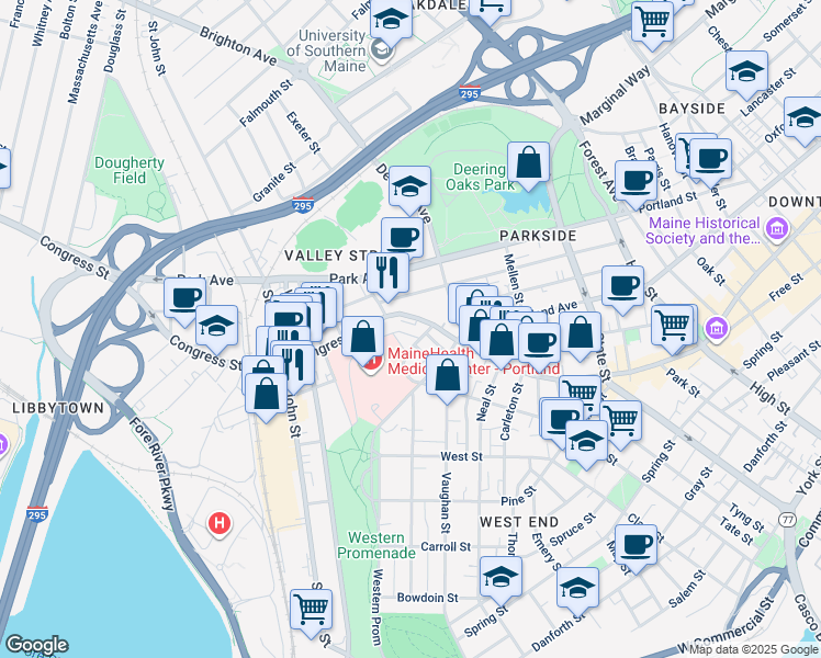 map of restaurants, bars, coffee shops, grocery stores, and more near 9 Crescent Street in Portland
