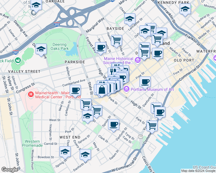 map of restaurants, bars, coffee shops, grocery stores, and more near 6 Deering Street in Portland