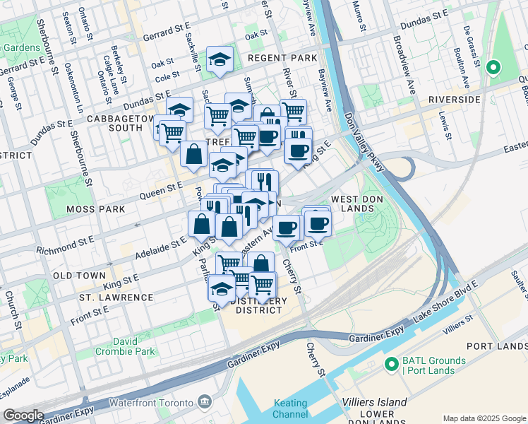 map of restaurants, bars, coffee shops, grocery stores, and more near Virgin Place in Toronto