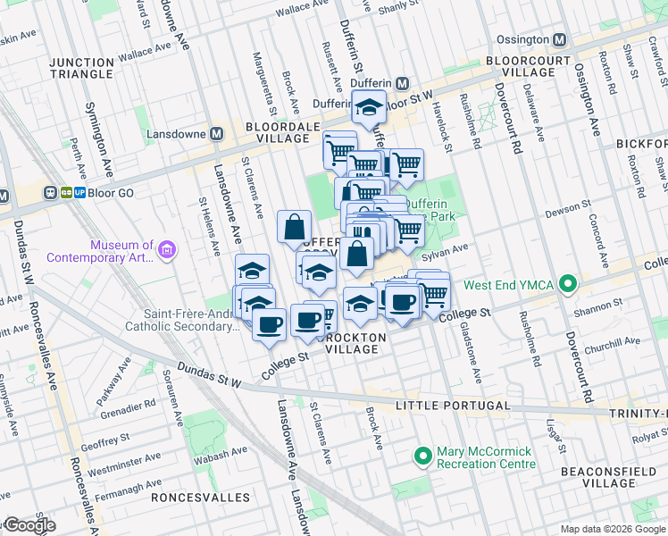 map of restaurants, bars, coffee shops, grocery stores, and more near 429 Brock Avenue in Toronto