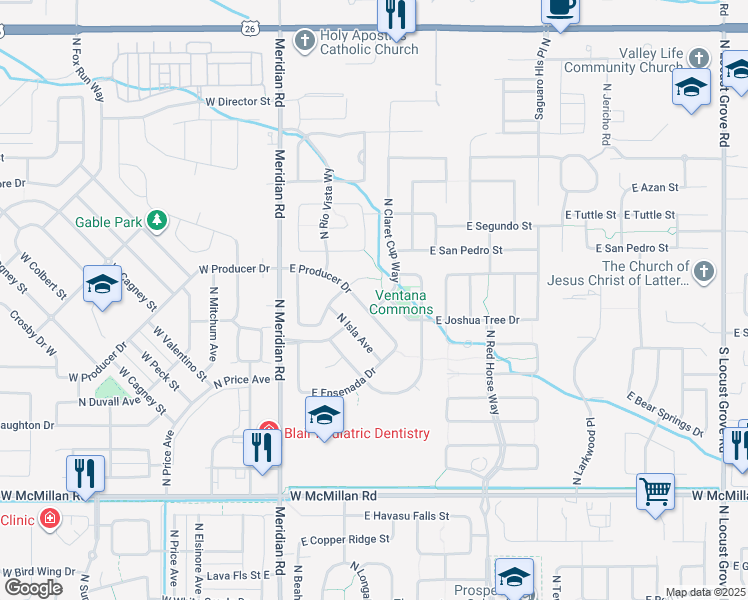 map of restaurants, bars, coffee shops, grocery stores, and more near 5443 North Claret Cup Way in Meridian