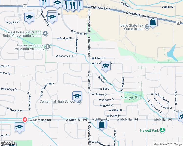 map of restaurants, bars, coffee shops, grocery stores, and more near 5461 North Creswell Avenue in Boise
