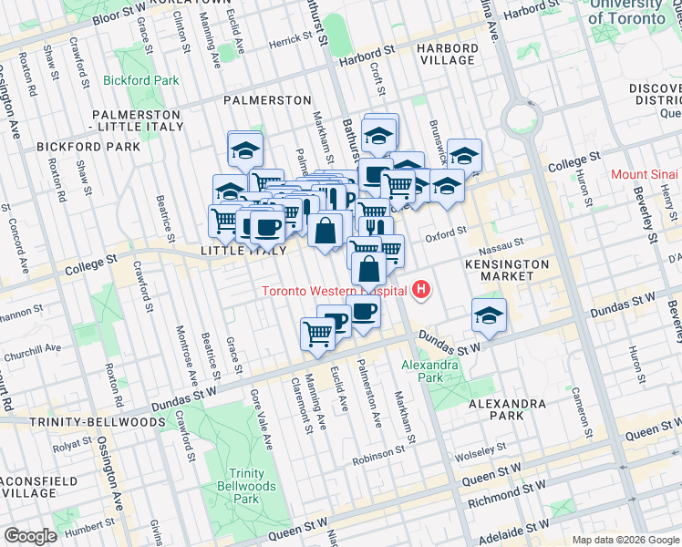map of restaurants, bars, coffee shops, grocery stores, and more near 247 Palmerston Avenue in Toronto
