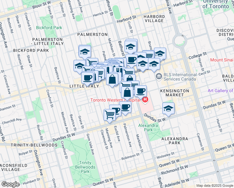 map of restaurants, bars, coffee shops, grocery stores, and more near 247 Palmerston Avenue in Toronto