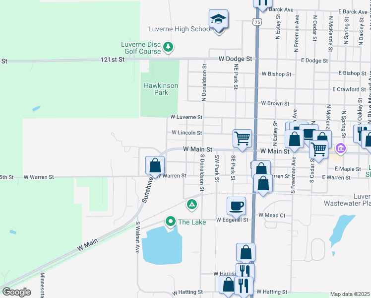map of restaurants, bars, coffee shops, grocery stores, and more near 703 West Main Street in Luverne