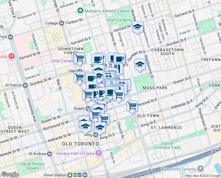 map of restaurants, bars, coffee shops, grocery stores, and more near in Toronto