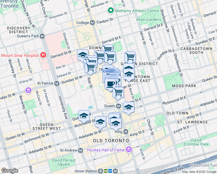 map of restaurants, bars, coffee shops, grocery stores, and more near 220 Yonge Street in Toronto
