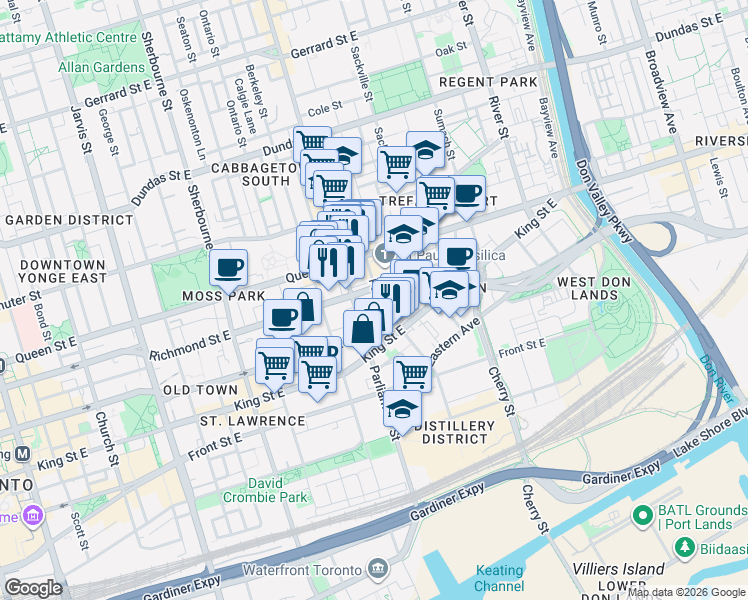 map of restaurants, bars, coffee shops, grocery stores, and more near 50 Power Street in Toronto