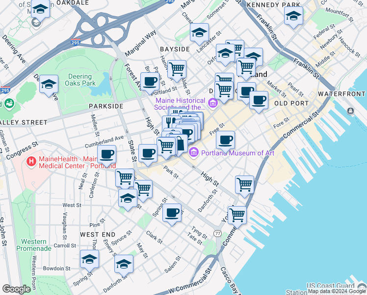 map of restaurants, bars, coffee shops, grocery stores, and more near 587 Congress Street in Portland