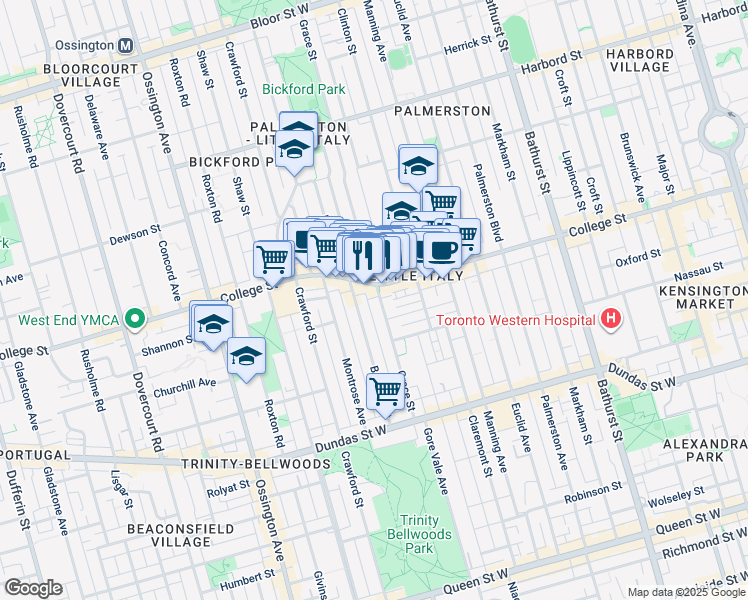 map of restaurants, bars, coffee shops, grocery stores, and more near 142 Grace Street in Toronto