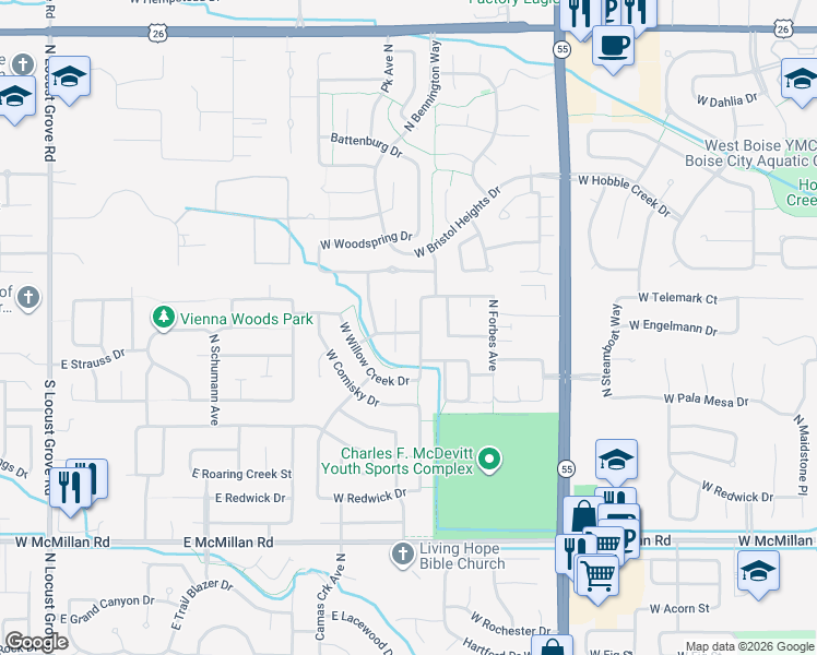 map of restaurants, bars, coffee shops, grocery stores, and more near 5471 North Rosepoint Way in Boise